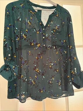 B.Reitmans Teal Floral Split-V Button Blouse